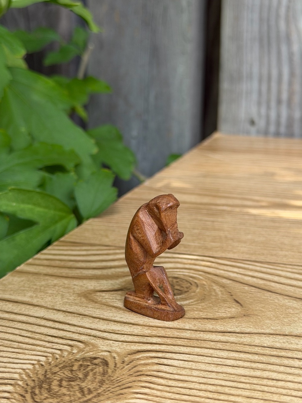 Vintage Miniature Wise Monkeys Speak No Evil Teak Carved Wood Figurine